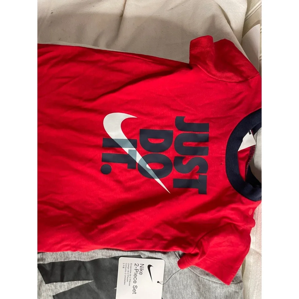 Nike Infant 2 Piece Set Red Just Do It Bodysuit Gray Swoosh Shirt 6M 5ND369-K1Y